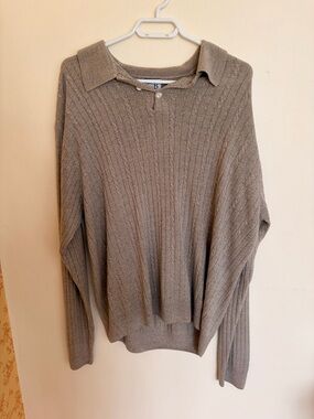 Taupe Ribbed Polo-Neck Sweater